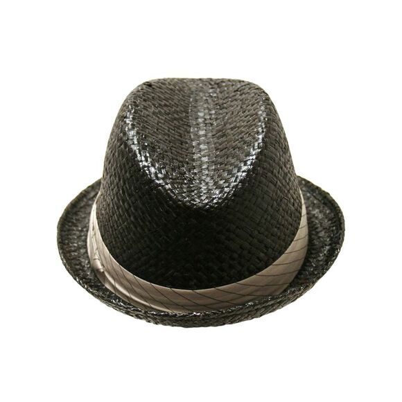 Black Woven Fedora Hat With Pinstriped Hat Band - Picture 5 of 9